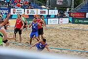 Deutsch: Beachhandball Europameisterschaften 2019 (Beach handball Euro); Tag 5: 6. Juli 2019 – Männer, Halbfinale, Dänemark-Ungarn 2:0 (19:16, 22:18) English: Beach handball Euro; Day 5: 6 July 2019 – Semifinal Men – Denmark-Ukraie 2:0 (19:16, 22:18)