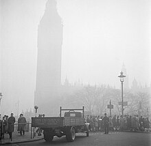 Smog in London from burning coal led to attempts to reduce consumption of coal, especially non-smokeless fuels, in the 1950s Big Ben in de mist, Bestanddeelnr 254-1946.jpg