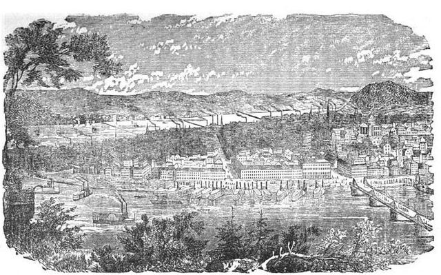 Birds-eye-view of Pittsburgh, c. 1877, with the Monongahela River in foreground