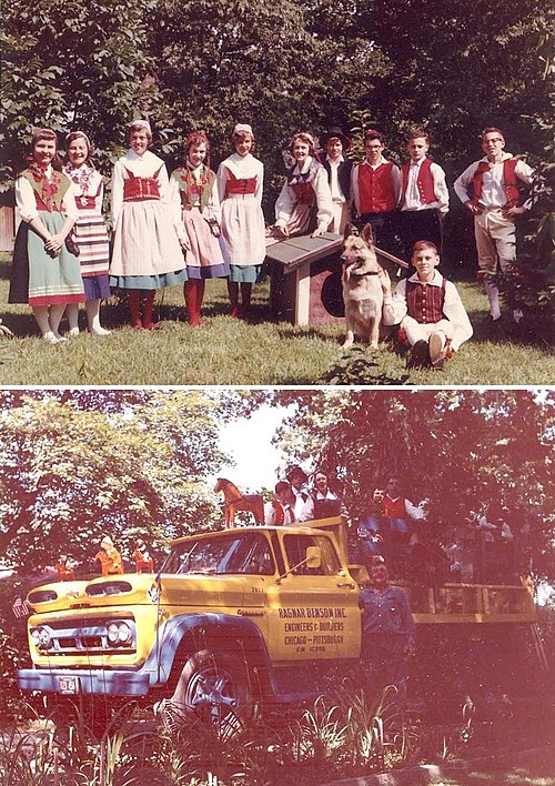 Birgit Ridderstedt at rehearsals with her young dance group for appearance in the 1960 Swedish Days Parade of Geneva, Illinois, with a Ragnar Benson t