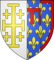 Blason corrigé : Parti : 1, d'argent, à la croix potencée d'or, cantonnée de quatre croisettes du même (Jérusalem); 2, parti : a, d'azur, semé de fleurs de lys d'or, au lambel de gueules (Anjou Sicile); b, d'azur, semé de fleurs de lys d'or, à la bordure de gueules (Anjou Valois).