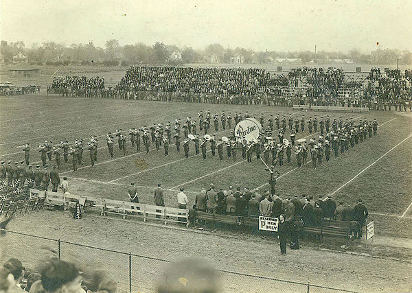 The first marching band formation, the Purdue All-American Marching Band "P Block"