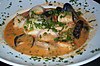 A traditional fish stew (Bouillabaisse served without bread)