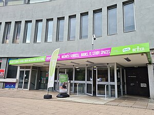 Bromley Central Library (entrance pictured in 2023) is the largest of the libraries offered by the service Bromley Central Library Entrance Closeup.jpg