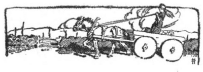 A horse in the foreground pulling a four-wheeled cart with the driver standing in the cart holding the reins, with a fence line with a gate and hills in the background