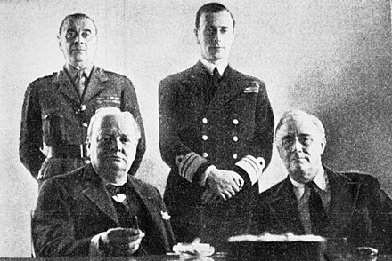 Clockwise from lower right, Franklin D. Roosevelt, Winston Churchill, Sir Hastings 'Pug' Ismay, Mountbatten: January 1943 at the Casablanca conference.