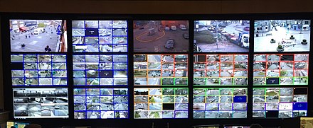 CCTV control-room monitor wall for 176 open-street cameras in 2017.