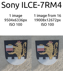 Comparison of simple image (left) and image generated with pixel shift (right) (Click to enlarge) COA Trogen Vergleich ENG Sony ILCE-7RM4.png