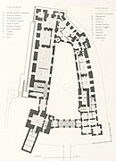 Plan en noir et blanc des différentes pièces d'un château.