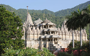 Ranakpur Jain Temple, built by Dharna Shah, a Porwal Jain Businessman from Ghanerao. Chaumukha Jain temple at Ranakpur in Aravalli range near Udaipur Rajasthan India.jpg