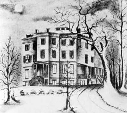 A rendering of the mansion house of the Chelsea estate by Moore's daughter, Mary C. Ogden, made for the first color edition of A Visit from St. Nichol