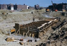 The plaza under construction in 1963 City Hall construction site, Boston 1963 (cropped).tif