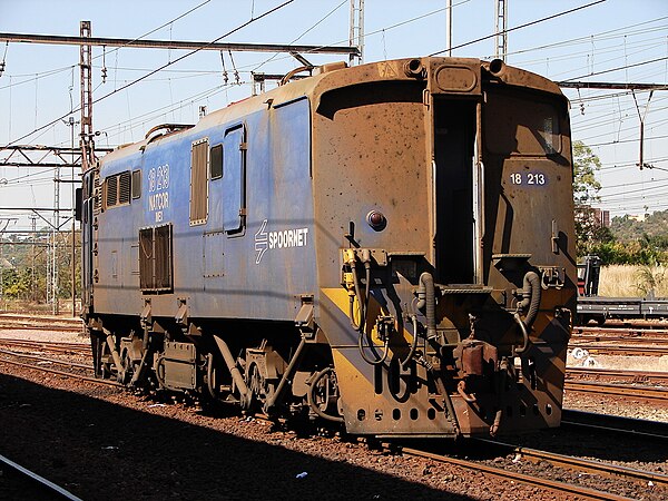 Cab 1 of Class 18E no. 18-213, ex Class 6E1 no. E1873, Capital Park, Pretoria, 6 May 2013 Class 18E 18-213.JPG