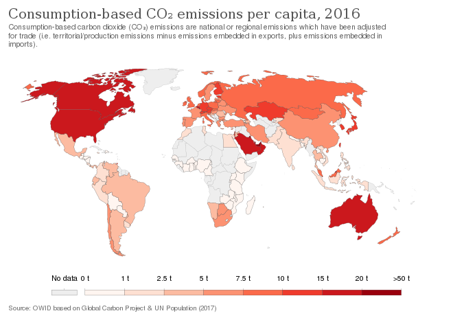 Consumption-based CO2 emission per capita per year per country (2016 data)