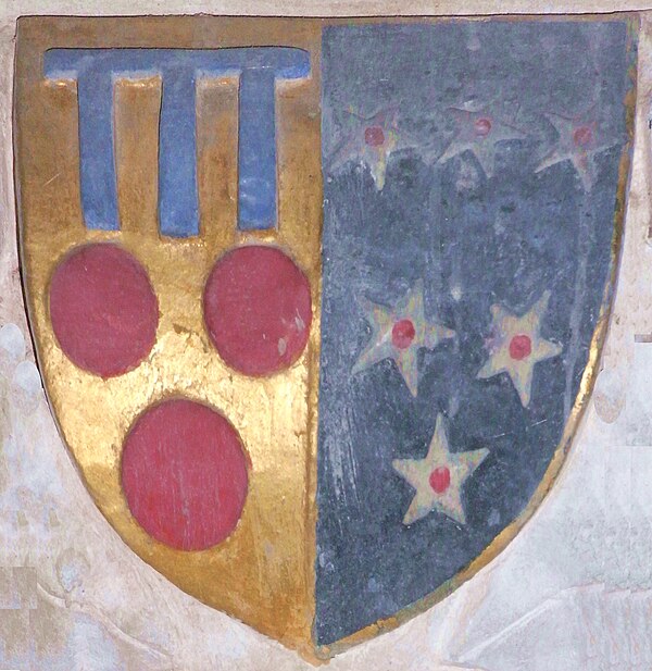 Heraldic escutcheon on easternmost of north aisle piers in St Clement's Church, Powderham, showing the arms of Courtenay of Powderham impaling Bonvill