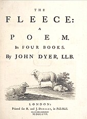 Une page jaunie portant en gros caractères la mention The Fleece: A Poem, au-dessus d'une gravure représentant deux moutons, l'un debout et l'autre couché.