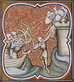 Miniature médiévale représentant des archers sur un bateau attaquant une forteresse côtière.