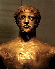 Greek-made copper statue of Dhamar Ali Yahbur, one of the kings of the Yemeni Himyarite Kingdom. Dhamar Ali Yahbur (bust).jpg