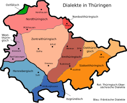 Verbreitungsgebiet des Westthüringischen in Thüringen (lila)