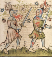 Dietrich and Siegfried from a 15th-century manuscript of the Rosengarten zu Worms Dietrich and Siegfried.png