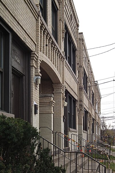 View along the fronts of the buildings