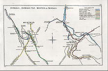 A 1905 Railway Clearing House map of railways in the vicinity of Merthyr Tydfil (left, the QY&MR is shown in yellow and violet) Dowlais, Dowlais Top, Merthyr & Morlais RJD 63.jpg