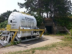 EDALHAB, an underwater habitat used for saturation diving experiments in Lake Winnipesaukee in the late 1960s, now located outside the Seacoast Science Center.[14][15][16] Battery 204, a former 6-inch gun battery, is in the background.