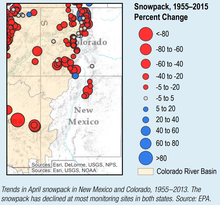 EPA map of changing snowpack levels in Colorado and New Mexico. EPA CO-NM snowpack map w text.png