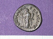 A silver denarius, issued in the reign of Elagabalus (218-222), found in East Clandon in 2002 Elagabalus denarius (FindID 49590).jpg