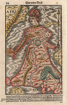 Europa Regina map (Sebastian Munster, 1570), excluding the greater part of Fennoscandia, but including Great Britain and Ireland, Bulgaria, Scythia, Moscovia and Tartaria; Sicily is clasped by Europe in the form of a Globus cruciger. Europe As A Queen Sebastian Munster 1570.jpg