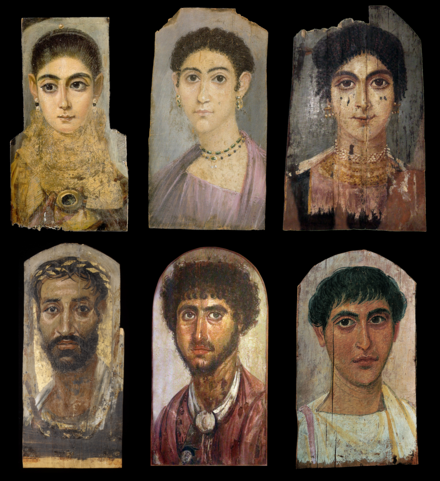 Six of the Fayum mummy portraits, contemporary portraits of people in Roman Egypt from the 1st century BC to the 3rd century AD