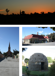 Top: skyline of Fraserburg at dusk. Left: the Dutch Reformed Church on the main street. Middle right: town's post office. Bottom right: a Corbelled House built by Trekboers before the town was established.