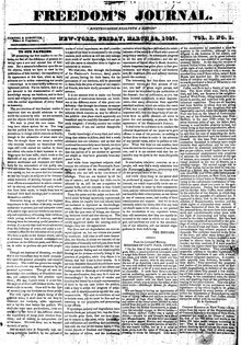 Inaugural issue of Freedom's Journal, published on Varick Street in Manhattan in 1827. Freedom's Journal First Issue.pdf