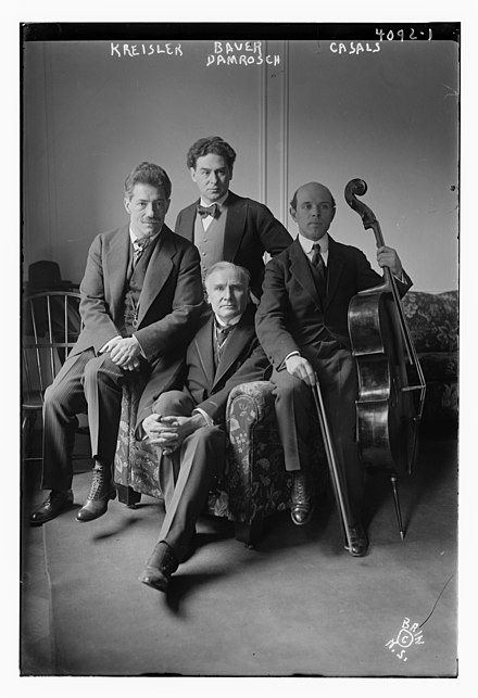 Fritz Kreisler, Harold Bauer, Casals, and Walter Damrosch at Carnegie Hall on 13 March 1917