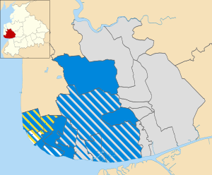 Map of the results of the 2011 Fylde council election. Conservatives in blue, Independents in grey, Liberal Democrats in yellow and Ratepayers in white. Fylde UK local election 2011 map.svg