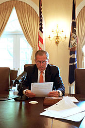 George W. Bush on May 5 (Cinco de Mayo), 2001, delivering the first weekly radio address of the president of the United States broadcast in both English and Spanish by any president. George W. Bush Weekly Radio Address, May 5, 2001.jpg