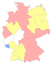 The Landesligas: Tier six (red) seven (yellow) and eight (blue) leagues. White denotes areas without Landesligas. German Fussball-Landesligas.PNG