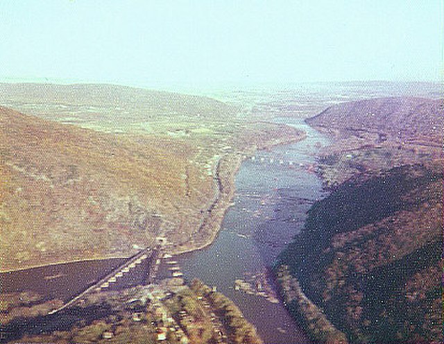 At Harpers Ferry, West Virginia, looking downstream, the Shenandoah River (bottom right) meets the Potomac River, which flows from bottom left to top 