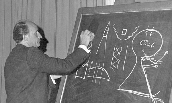 Helmut Gröttrup explaining the basic principles of rockets (1958). He returned from USSR to Germany in 1953
