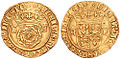 1544–1547年にヘンリーによって鋳造されたクラウン金貨。裏面は4分割されたイングランドとフランスの紋章