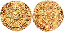 Gold crown of Henry VIII, minted c. 1544-1547. The reverse depicts the quartered arms of England and France. Henry VIII crown 763986.jpg