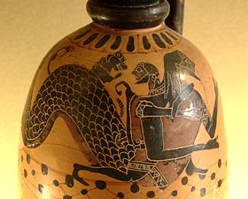 Heracles și Nereus, lekythos cu cifră neagră, c.  590–580 î.Hr.  AD, Muzeul Luvru (CA 823)