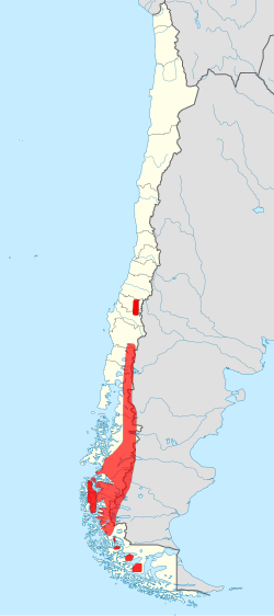 Geografická poloha huemul v roce 2013.[1] V roce 1900 zahrnoval mnohem větší a hustěji osídlenou oblast huemul.