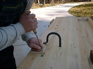 <span class="mw-page-title-main">Holdfast (tool)</span> Woodworking tool for securing a work-piece to a bench