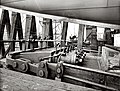 View of the hydraulic rams used for Titanic's launch, seen from the port side bow of the ship