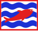 A red fish on alternating blue and white wavy horizontal stripes, within a red border.