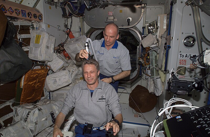 File:ISS-13 Jeffrey N. Williams trims Thomas Reiter's hair in the Unity node.jpg