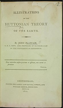 Image depicts the front page of John Playfair's Illustrations of Huttonian Theory Illustrations of the Huttonian theory of the earth BHL34603256.jpg