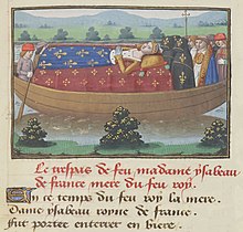15th-century miniature showing Isabeau's funeral cortege on the Seine, from the chronicle of Martial d'Auvergne Isabeau de Baviere-smrt.jpg