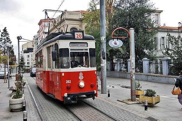 Top: Two heritage trams on the European side, on the Taksim-Tünel (T2) Nostalgia Tramway. Bottom: Istanbul 202 (ex-Jena 102) on the Asian side, on the